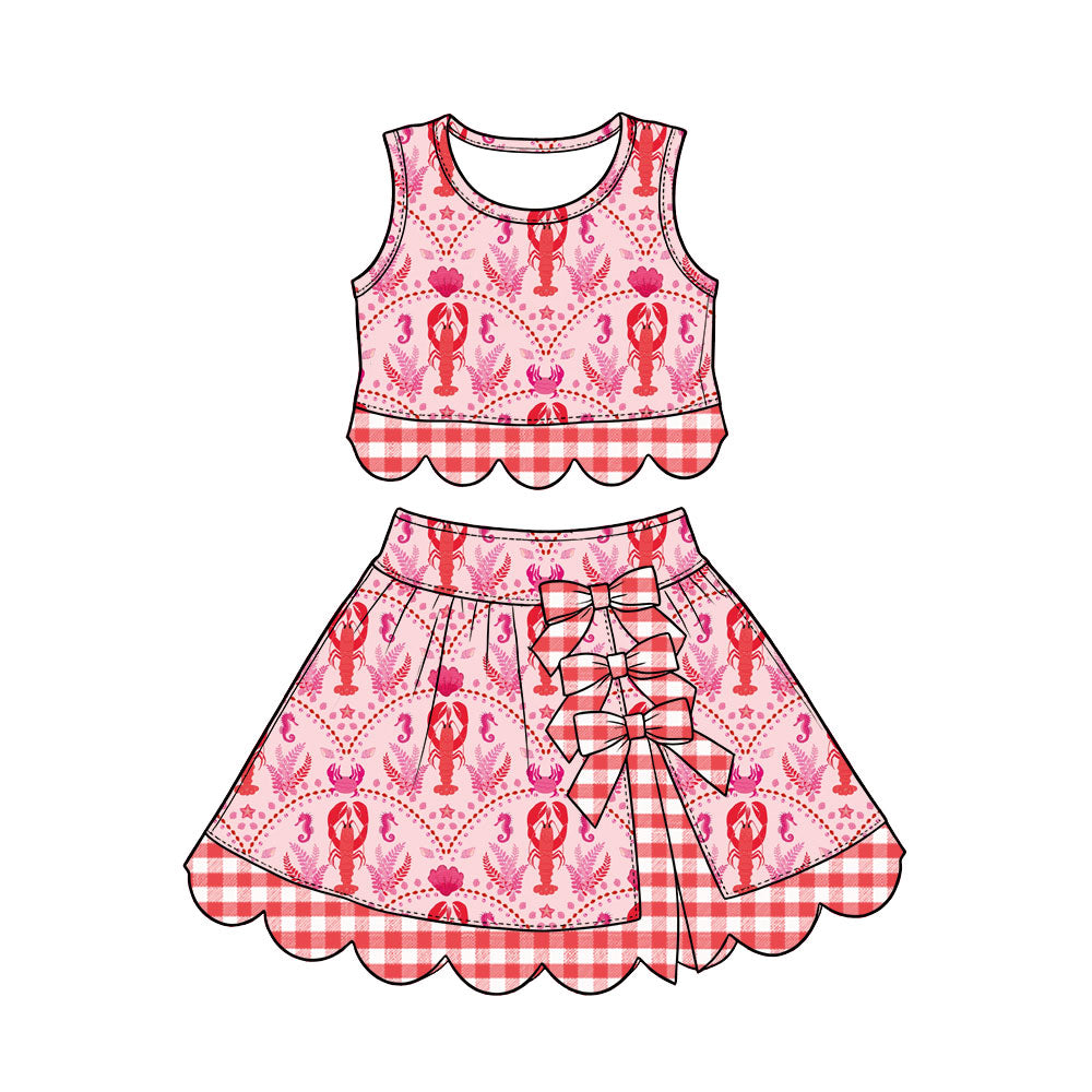 Preorder (moq 5) Baby Girl Clothes Lobster Shell Gingham Mixed Print Sleeveless Crop Top And Skirt Set