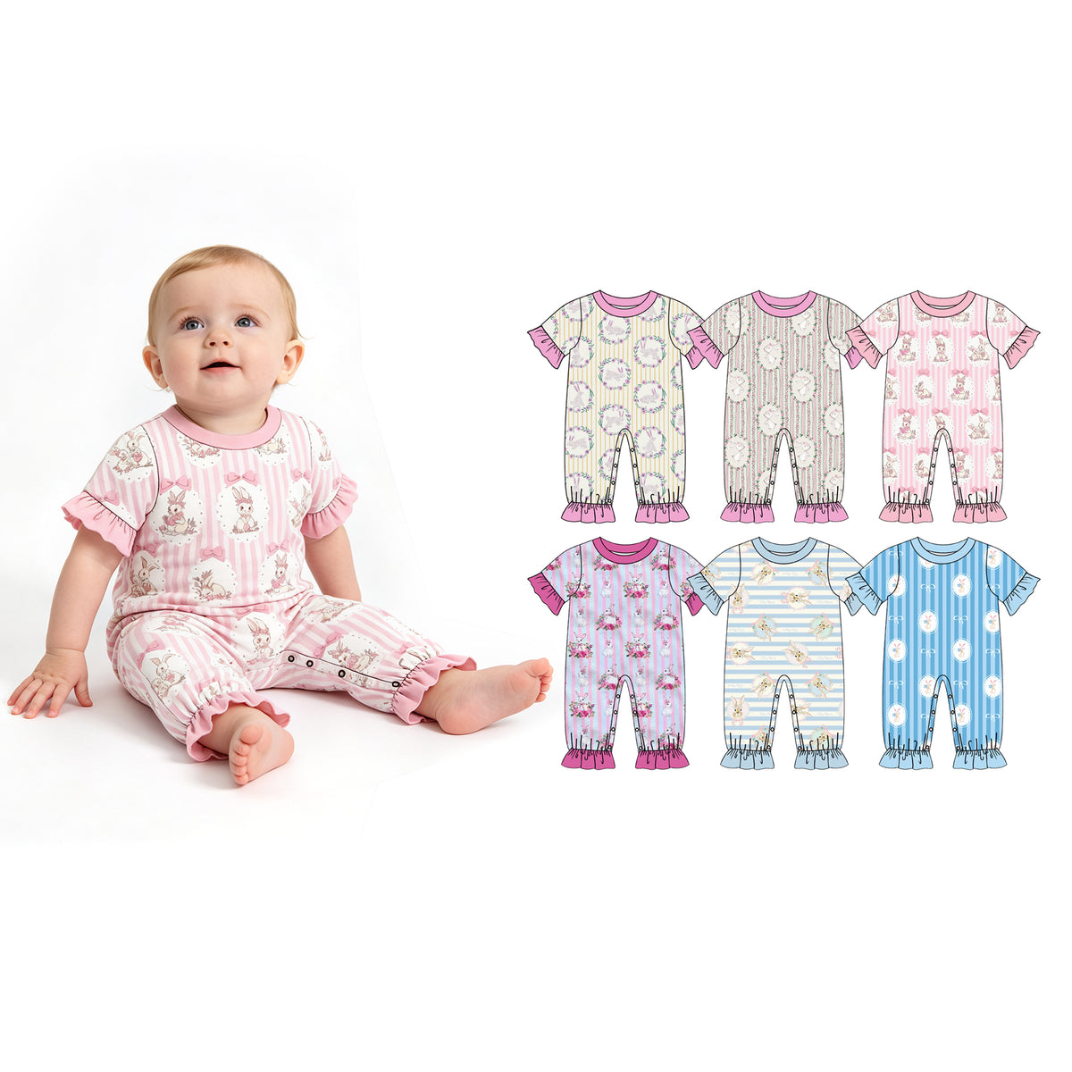 Preorder (moq 5) Baby Girl Clothes Easter Bunny Floral Wreath Stripe Print Short Sleeve Ruffle Romper