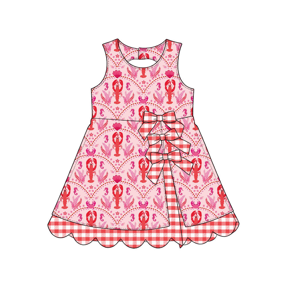 Preorder (moq 5) Baby Girl Clothes Lobster Shell Gingham Mixed Print Sleeveless A Line Bow Dress
