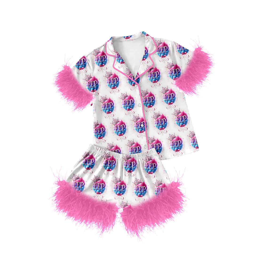 KIDS Custom EEP MOQ60 pink feather pajamas plush sleeves outfit 202504
