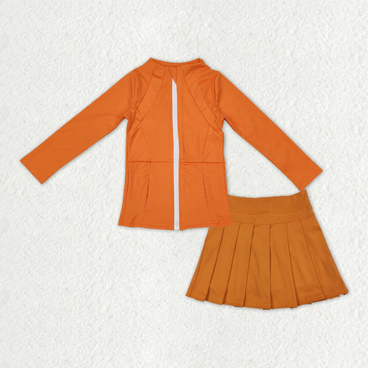 GLD1382瑜伽组合 GT0825 GLK0109 YOGA orange kids yoga hoodie zipper girl skirt outfit 202509 RTS