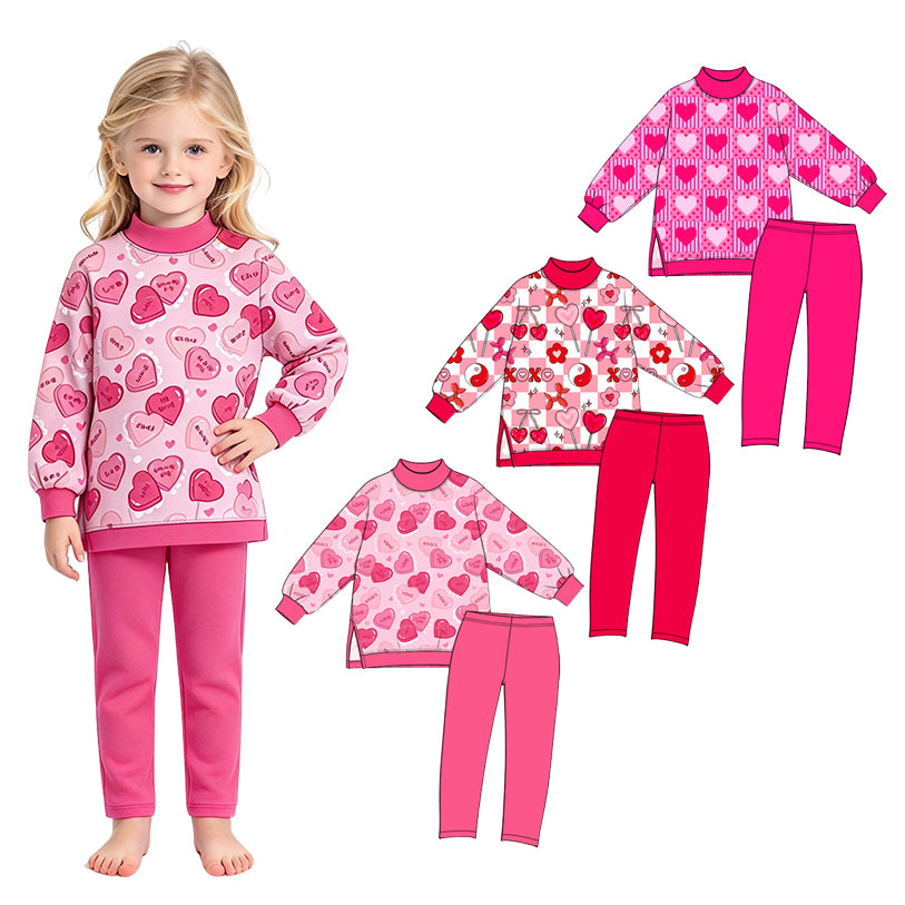 Preorder (moq 5) Baby Girl Clothes Valentine Stripe Polka Dot Heart Grid Print Long Sleeve Mock Neck Top Solid Pant Set
