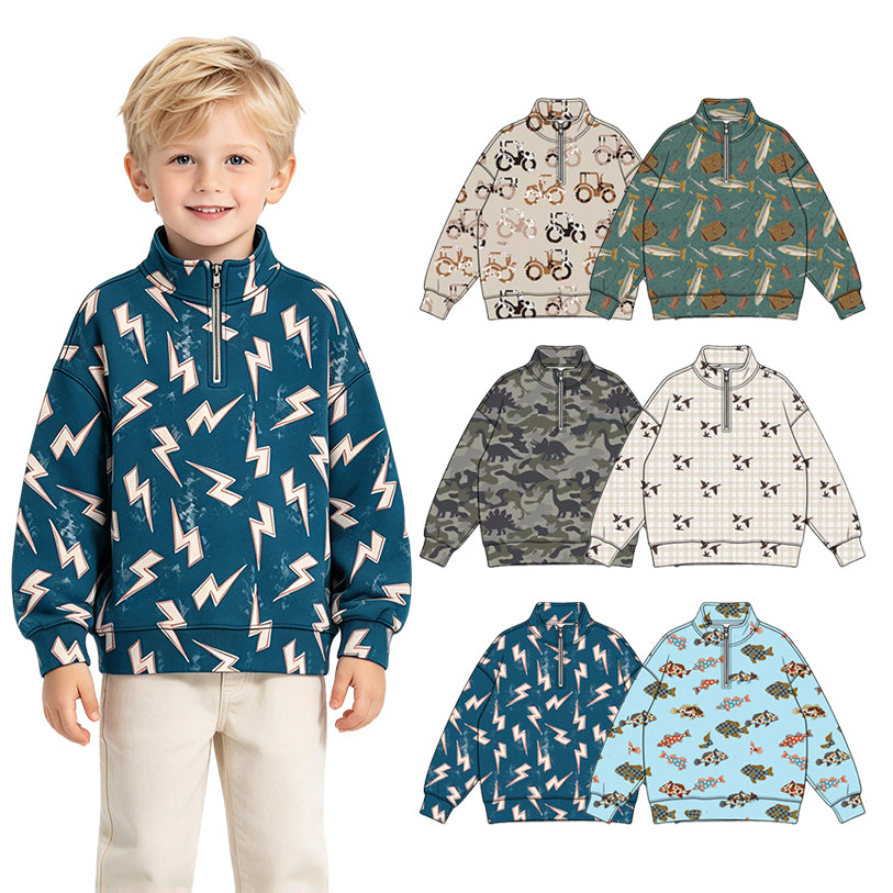 Preorder (moq 5) Baby Boy Clothes Plaid Flying Duck Hunting Print Long Sleeve Quarter Zip Top