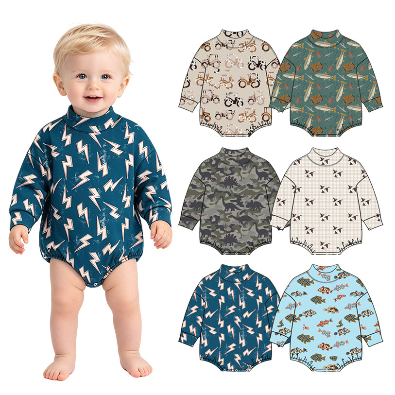 Preorder (moq 5) Baby Boy Clothes Colorful Checkered Fish Print Long Sleeve Bubble Romper