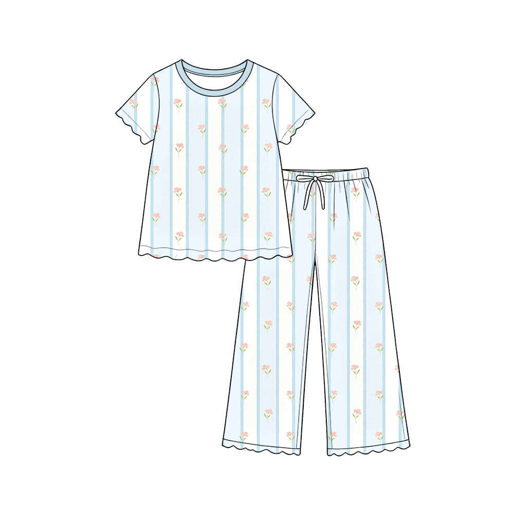 Preorder (moq 5) Baby Girl Clothes Blue Stripe Tiny Flower Mixed Print Short Sleeve Pajama Pant Set
