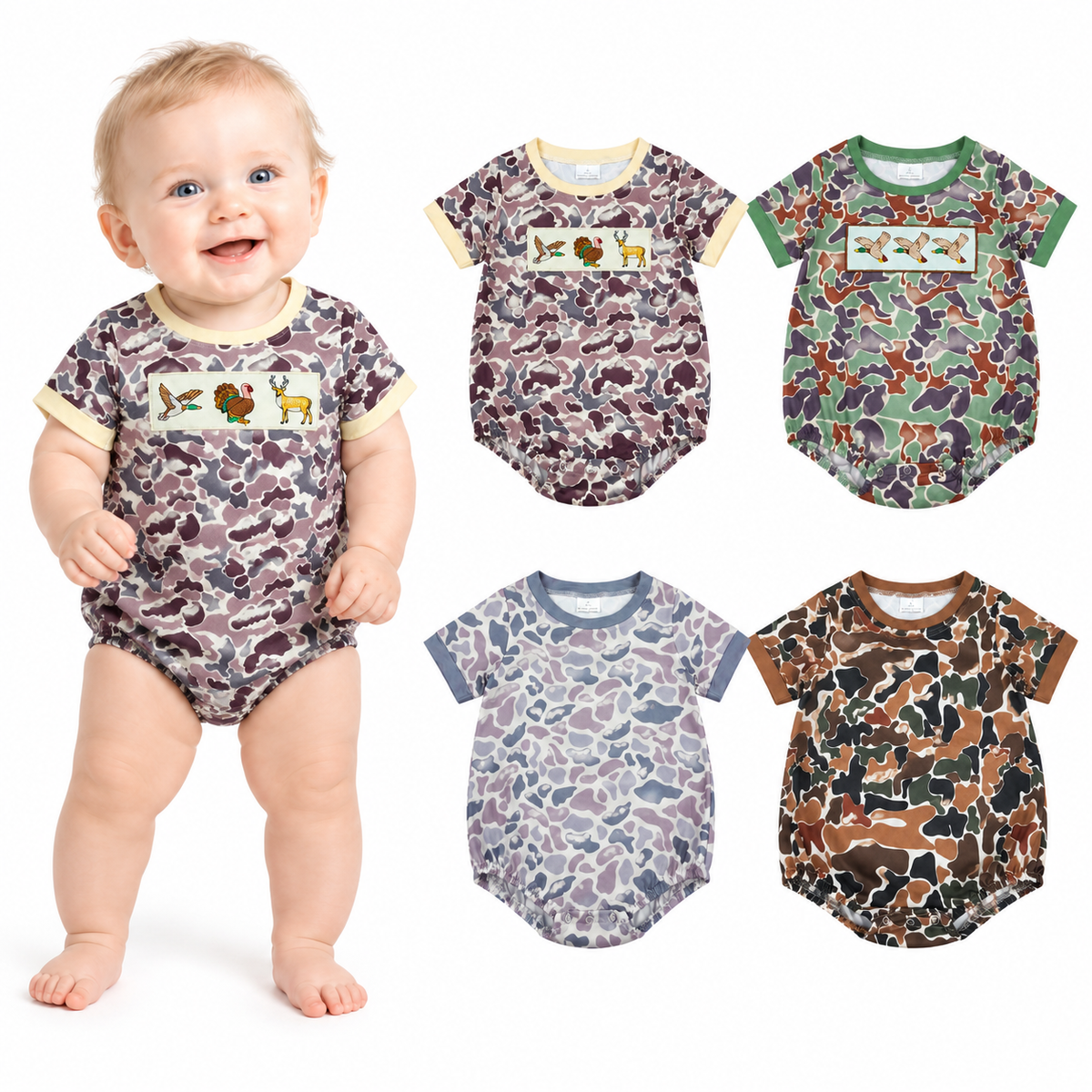 NO MOQ RTS SR1902 Baby Boy Clothes Hunting Animal Patch Camo Print Short Sleeve Bubble Romper 202610
