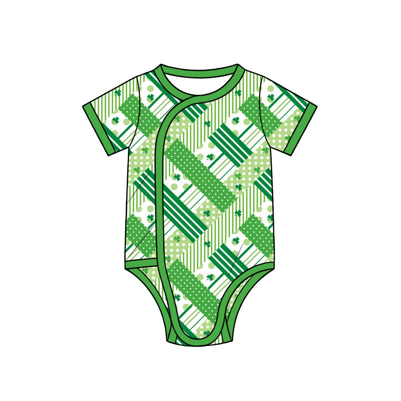 Preorder (moq 5) Baby Girl Clothes St Patricks Clover Plaid Patchwork Print Short Sleeve Side Snap Bodysuit