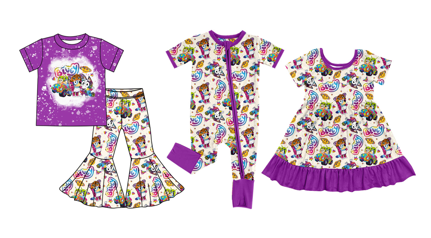 SR2076 Saint Valentine's Day purple western bluey dog butterfly girl romper 202410 preorder sibling(复制)