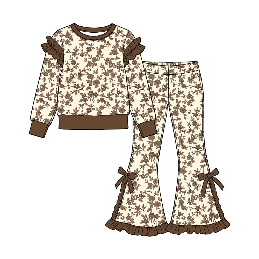 Preorder (moq 5) Baby Girl Clothes Vintage Brown Floral Print Long Sleeve Ruffle Top Bow Flare Pant Set