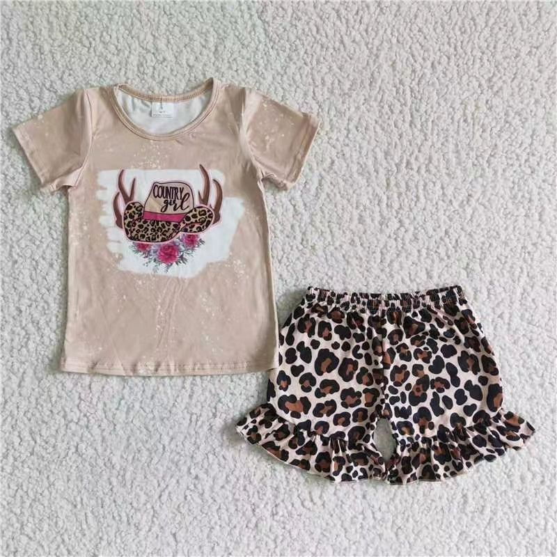 GSD0047 khaki country girl hat pink flower print ruffles leopard short sleeve shorts girl outfits RTS