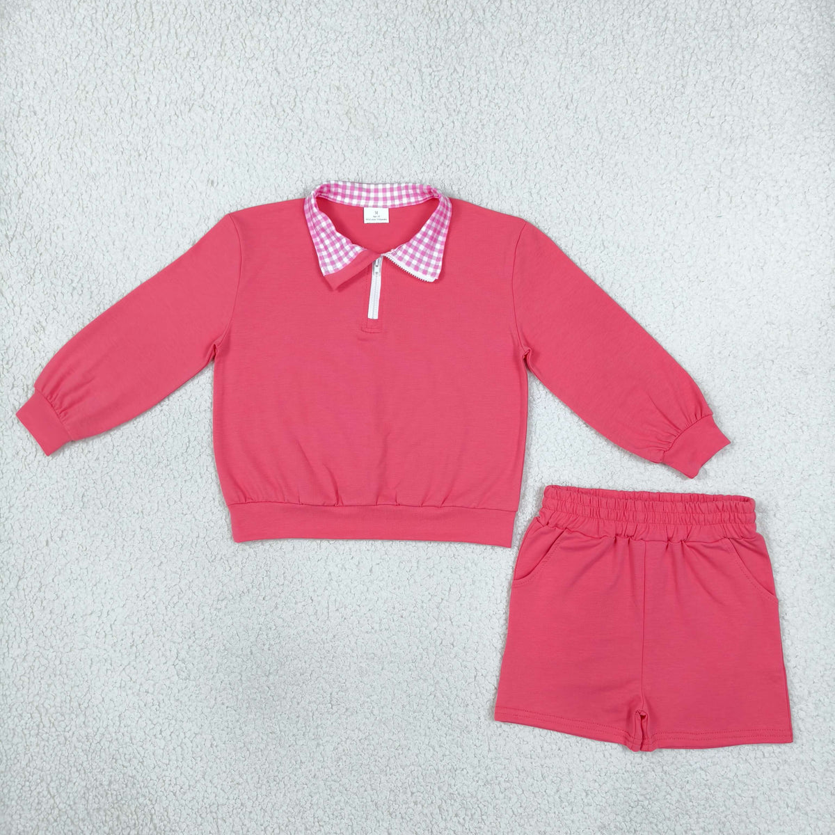 NO MOQ RTS GLS0225 Baby Girl Clothes Solid Hot Pink Gingham Collar Accent Print Long Sleeve Top Short Pant Set 202610