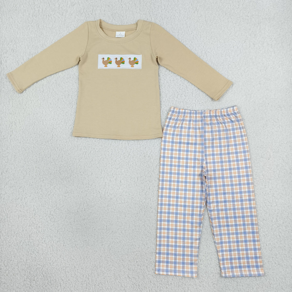 NO MOQ RTS BLP1495-embroidery Baby Boy Clothes Thanksgiving Turkey Embroidery Long Sleeve Tee Plaid Pant Outfit Set 202610