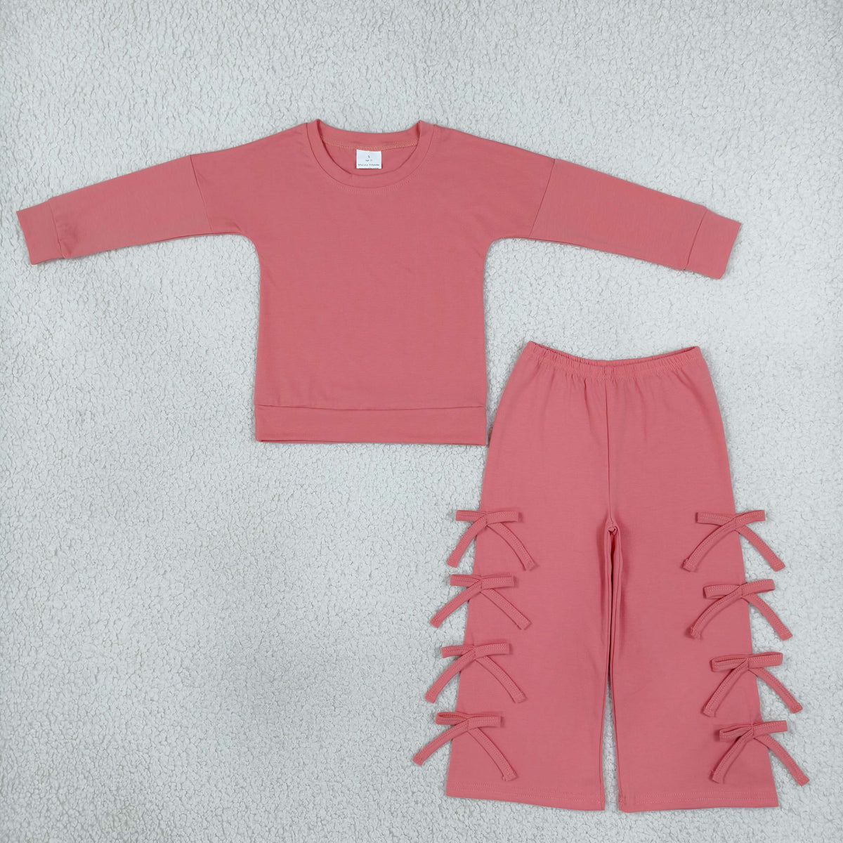 NO MOQ RTS GLP3845 Baby Girl Clothes Solid Dusty Pink Plain Print Long Sleeve Top Bow Detail Wide Leg Pant Set 202610