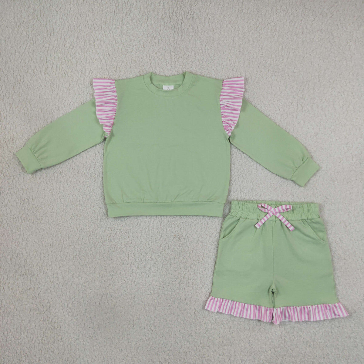 NO MOQ RTS GLS0220-bundle Baby Girl Clothes Solid Green Pink Stripe Ruffle Long Sleeve Short Set 202610