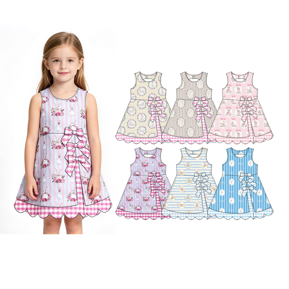 Preorder (moq 5) Baby Girl Clothes Easter Bunny Bow Blue Stripe Print Sleeveless Dress With Plaid Bow