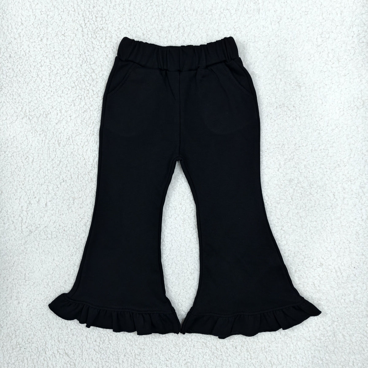 NO MOQ RTS P1072 Baby Girl Clothes Solid Black Plain Long Sleeve Ruffle Hem Flare Pants 202610
