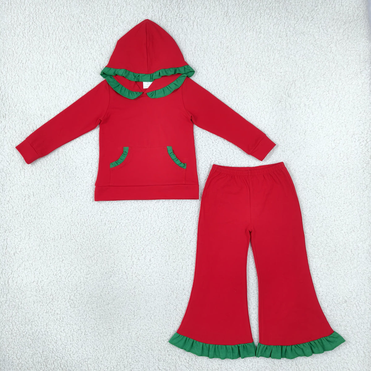 NO MOQ RTS GLP3751 (2) Baby Girl Clothes Christmas Red Green Ruffle Hooded Long Sleeve Top Flare Pant Set 202610