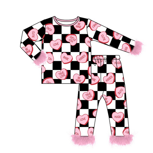 CUSTOM MOQ3  GLP2211 checkerboard love Valentine's Day  fluffy fur love baby clothes girl  pajamas outfit 202411 preorder sibling