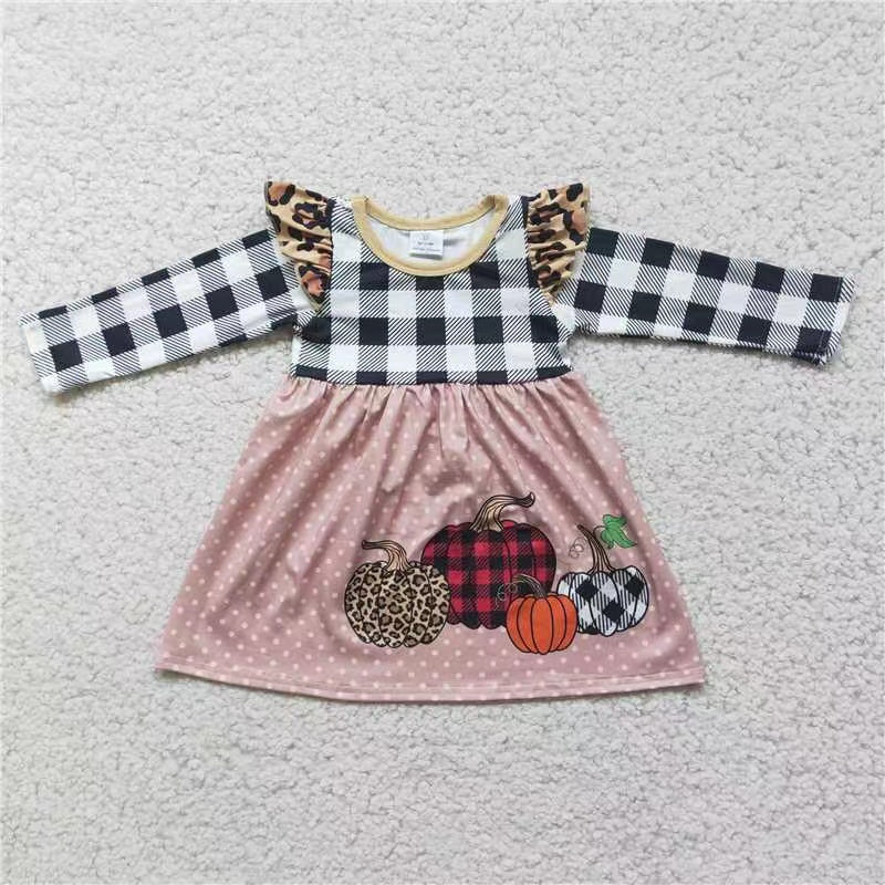 promotion RTS 6 A14-18 pumpkin orange Pink plaidlace long sleeve girl dress 20230520