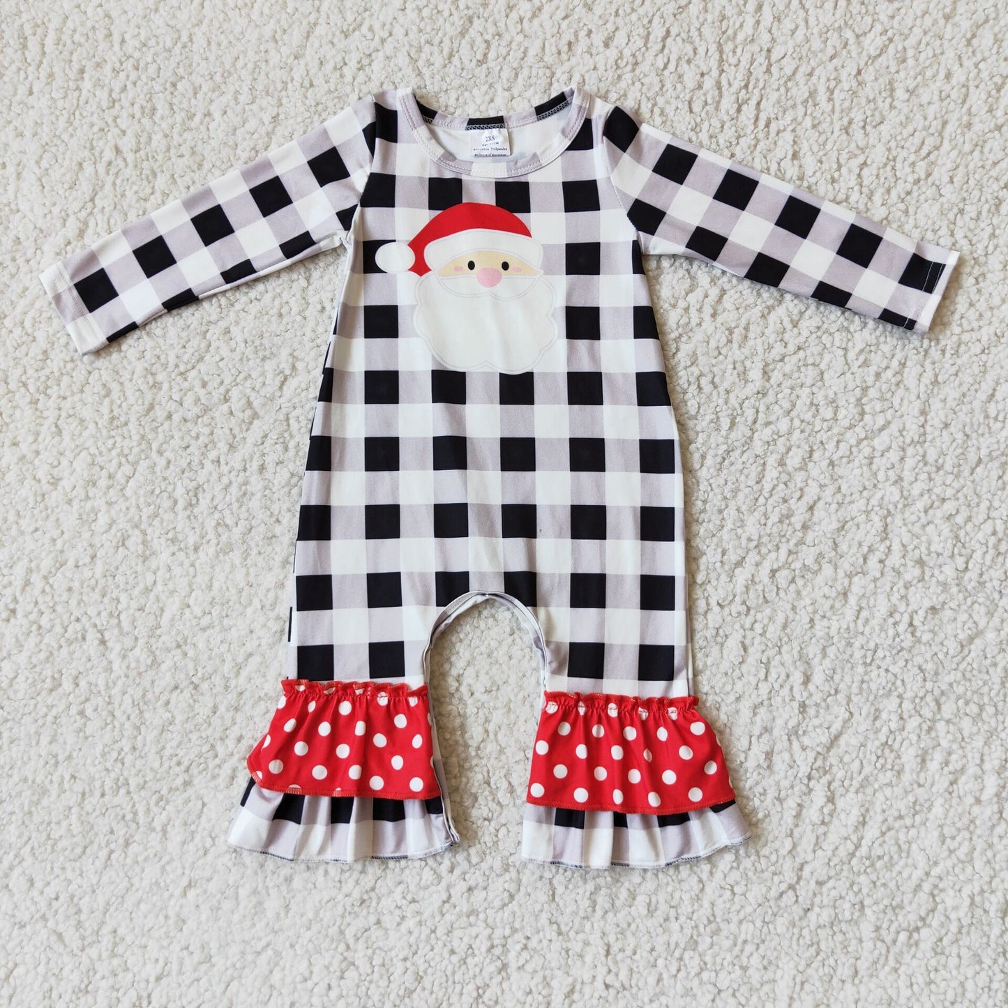 Promotion RTS 6 A15-5 Christmas girl santa black white plaid long sleeve romper