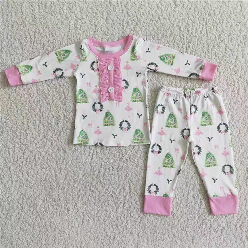 promotion 6 A16-27 Cartoon christmas tree pink white girl button pajamas outfit RTS