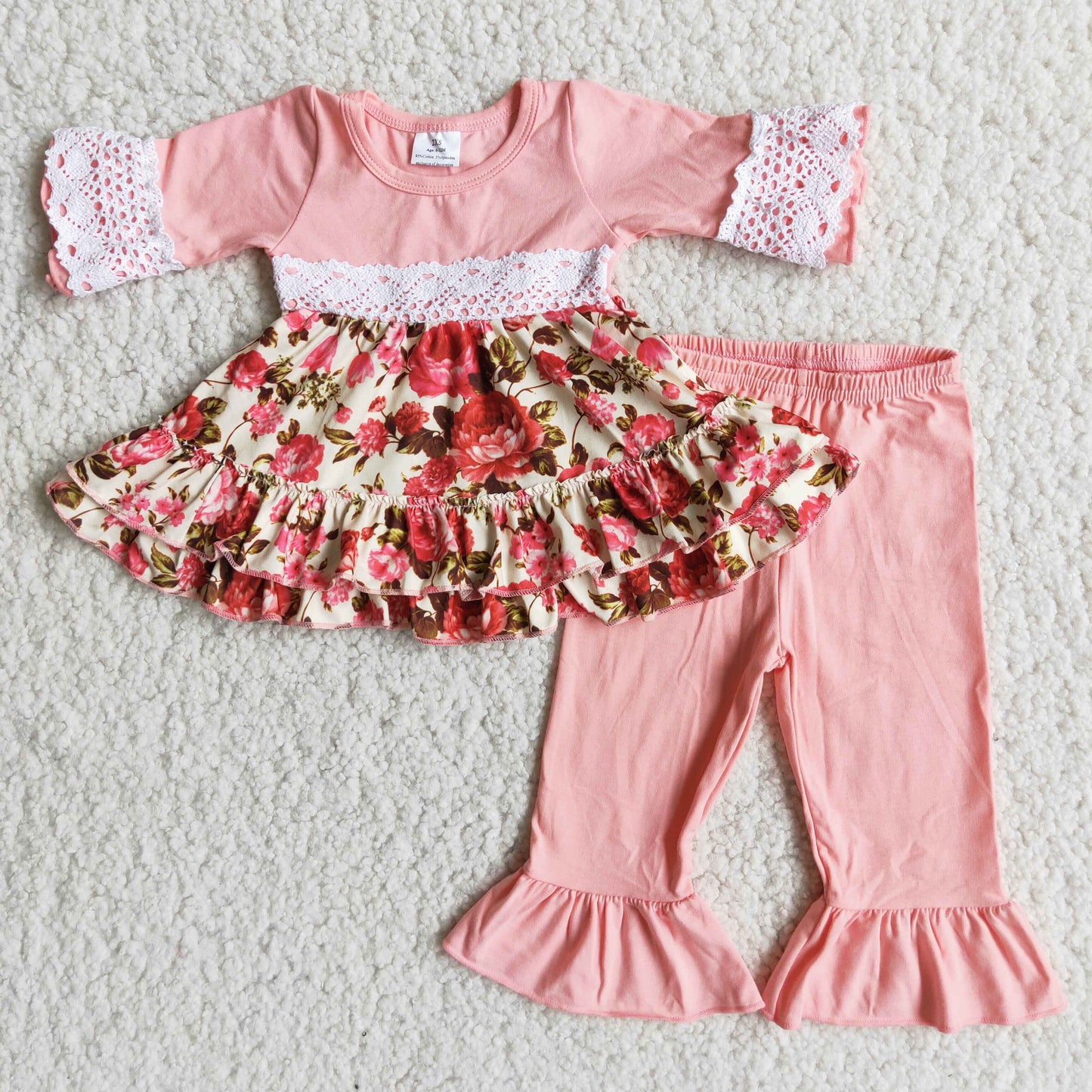 promotion 6 A17-26 girl pink bow flower short sleeve bell bottom pants outfit