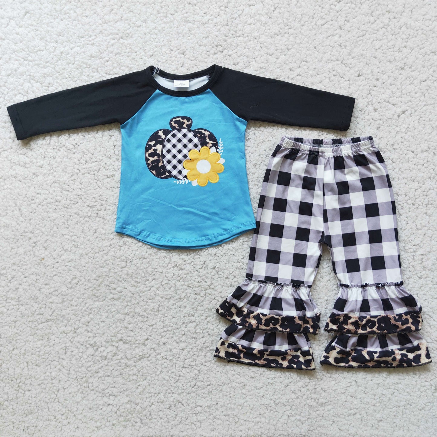 promotion RTS 6 A2-17 Pumpkin Flower Long Sleeve Ruffle Pants Girl Outfit