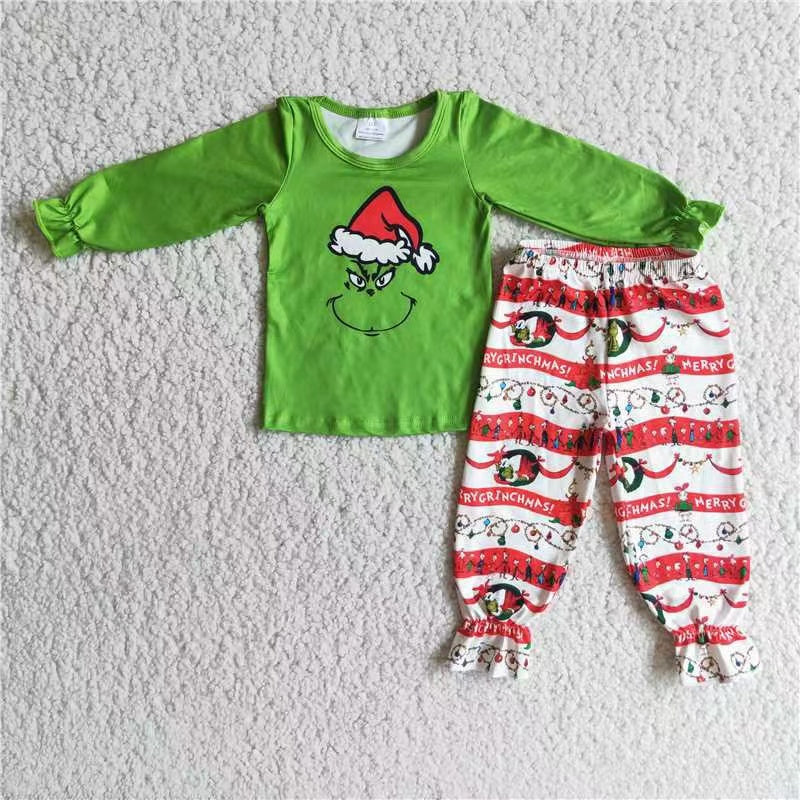 6 A20-4 6 A20-4 Christmas stripe green cartoon long sleeve pants girl outfit RTS
