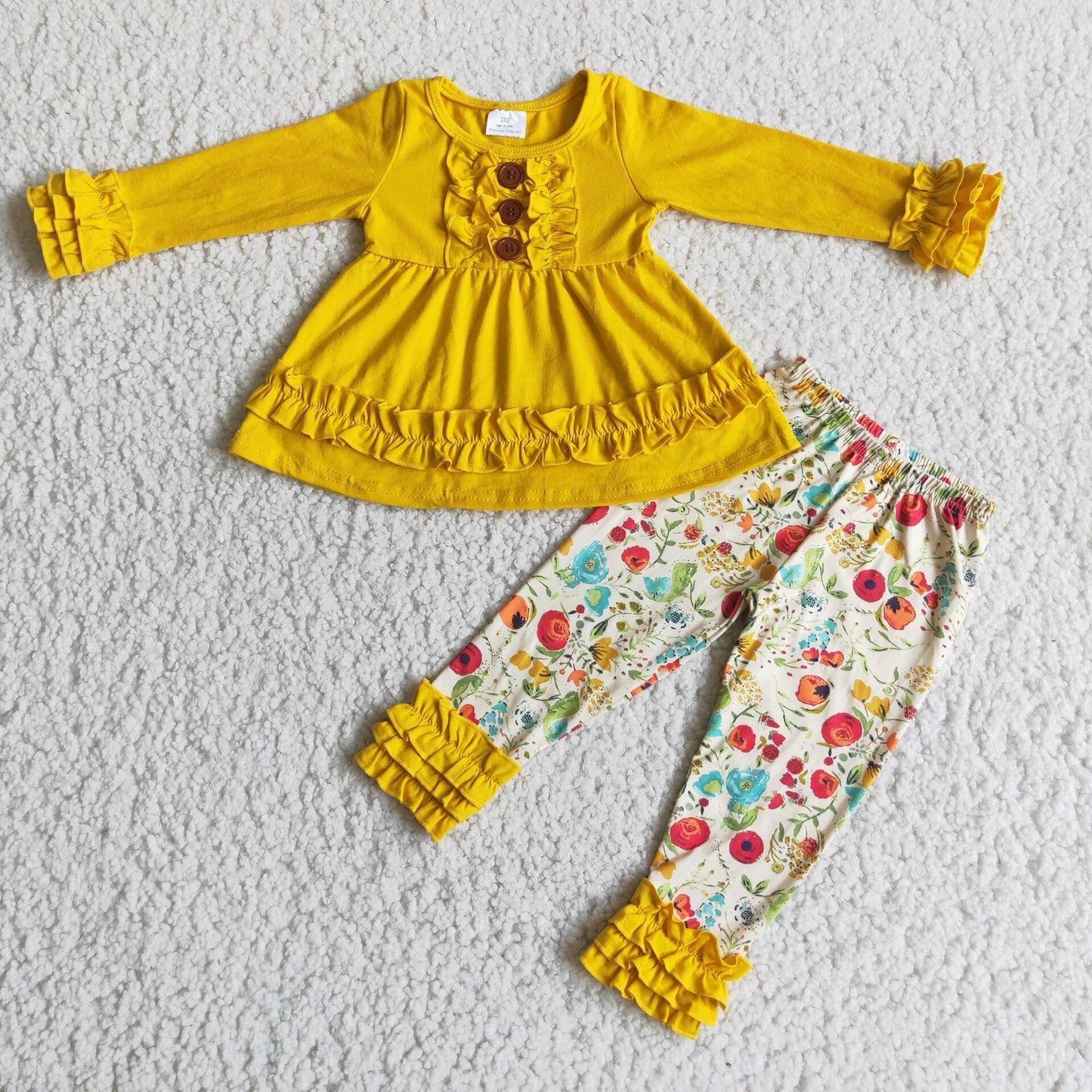 6 A24-1 promotion RTS yellow ruffle sleeve flower pants winter fall girl outfit