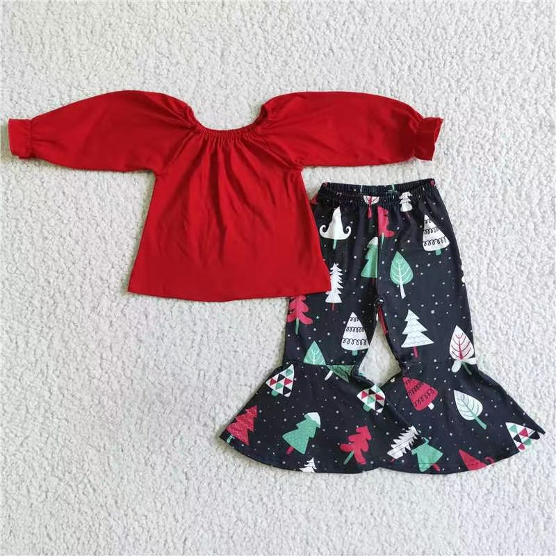 promotion 6 A24-5 RTS red flare long sleeve off shoulder top Christmas tree bell bottom outfit girl clothes RTS