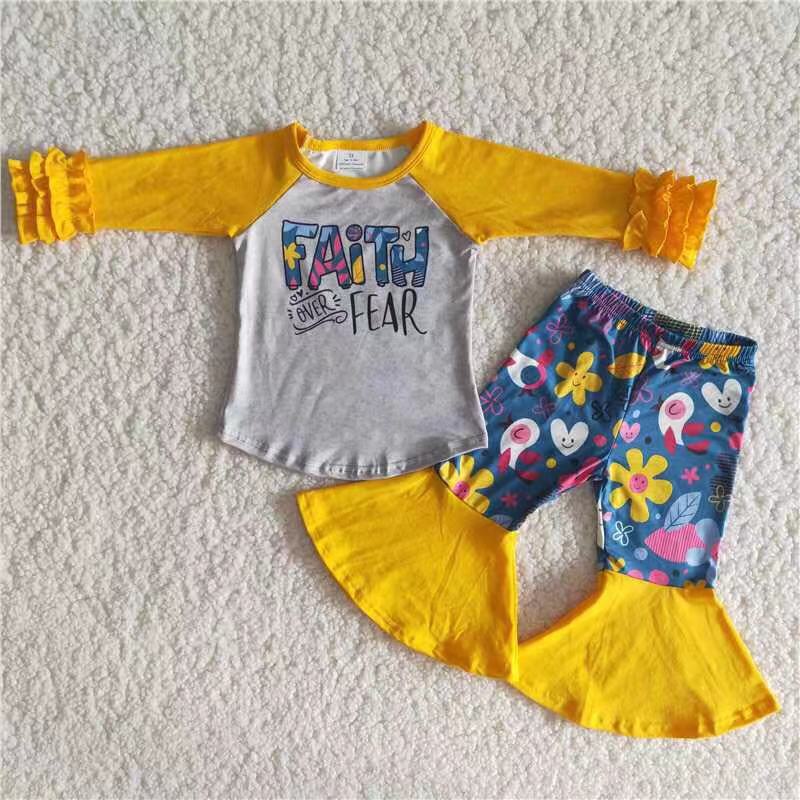 promotion 6A25-4 RTS yellow flower floral long sleeve bell bottom pants girl outfit 0730