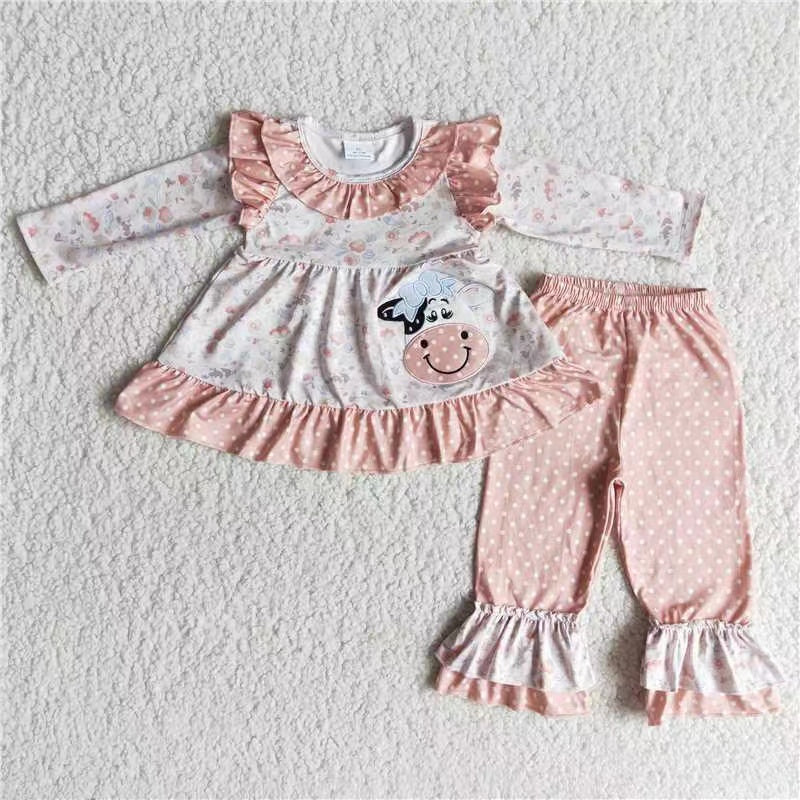 promotion 6 A26-30 pink dot ruffles floral embroidery cow long sleeve long pant outfit RTS