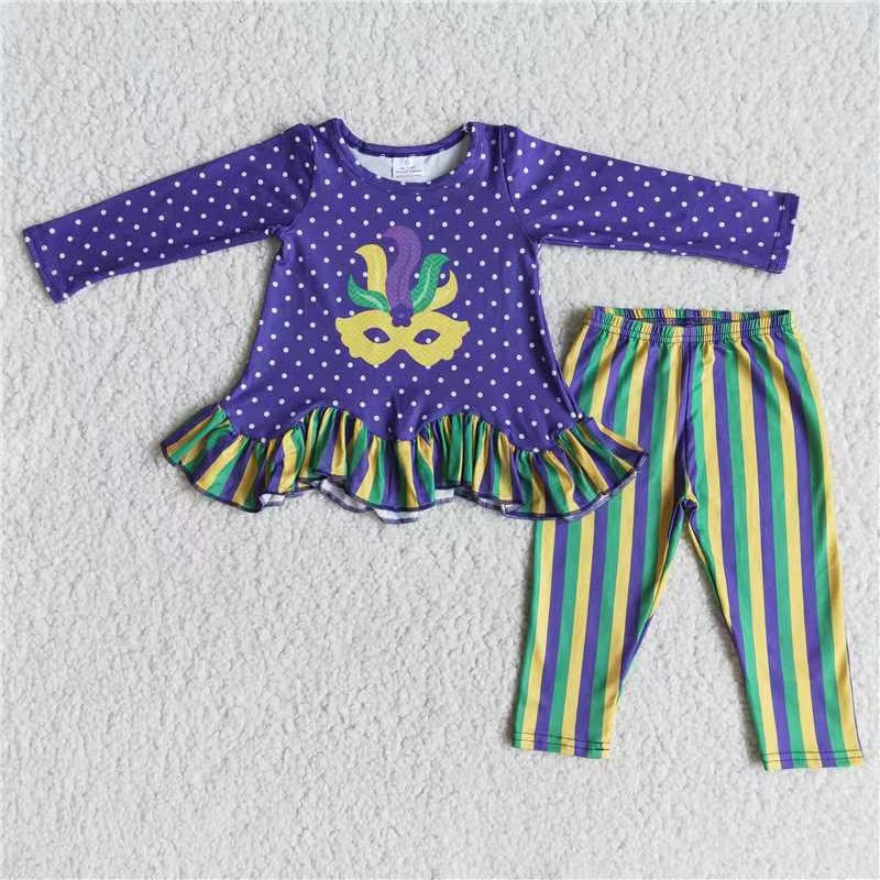 6 A27-20 Mardi Gras Carnival purple stripe long sleeve legging pant girl outfit 20231121 RTS