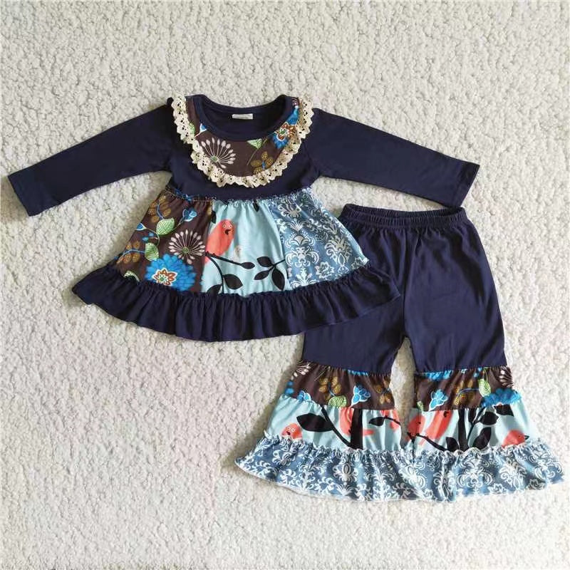 promotion 6 A29-26 Flower ruffle deep blue long sleeve top long sleeve pants girl outfit RTS