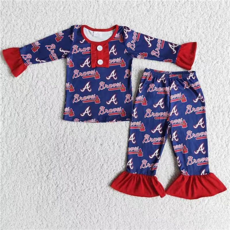 6 RTS A30-17 Team outfit RTS red A braves letters purple team button ruffles girl long sleeve pajamas outfit RTS