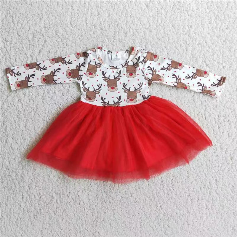 promotion 6A4-20 Christmas Red Deer tulle long sleeves girl gauze dress 20230613 RTS