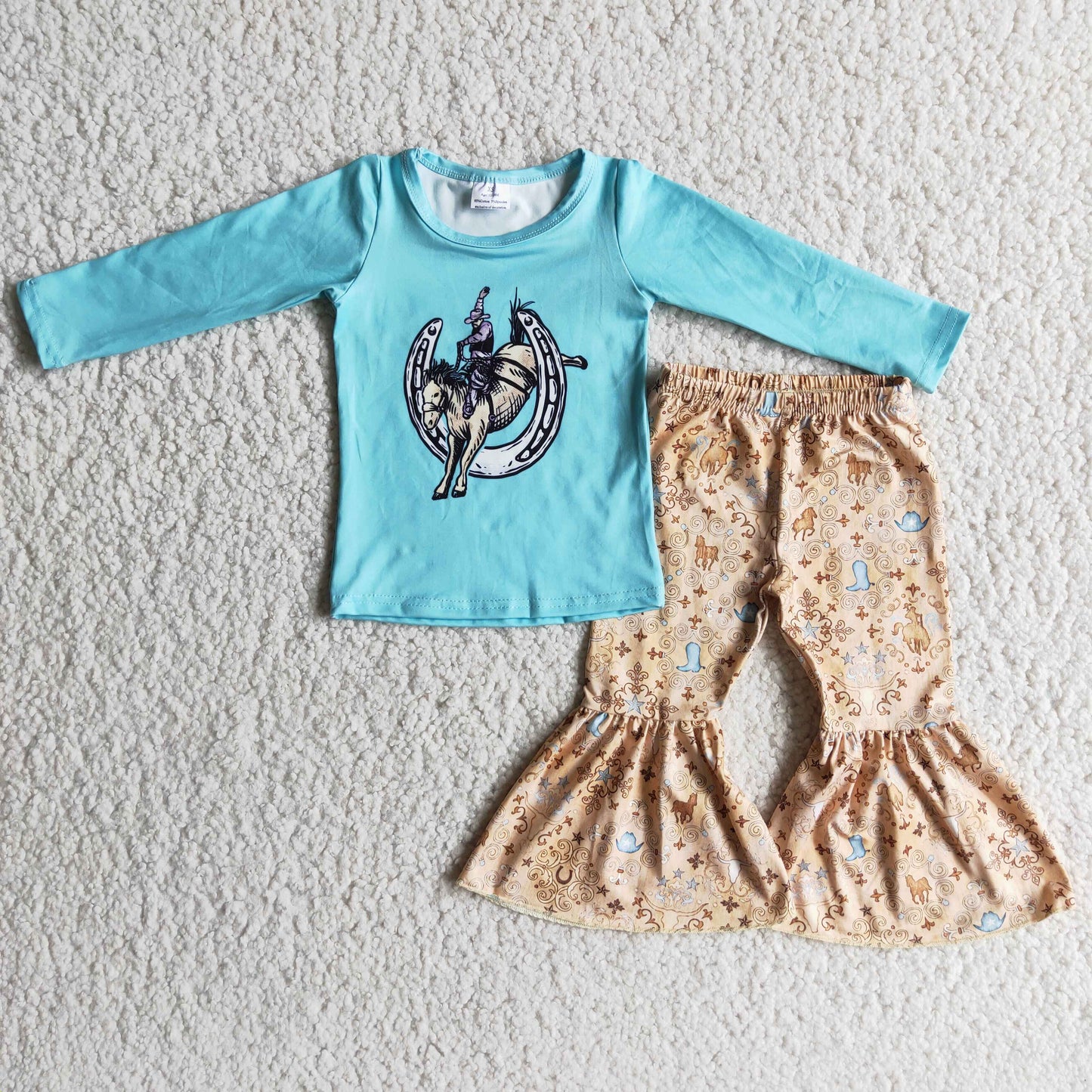 Promotion 6 A4-3 girl ride horse blue golden long sleeve bell bottom pant outfit 202501 RTS