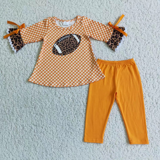 6A7-14 RTS embroidery foodball pumpkin  stripe orange ruffle pants  winter girl outfit  RTS