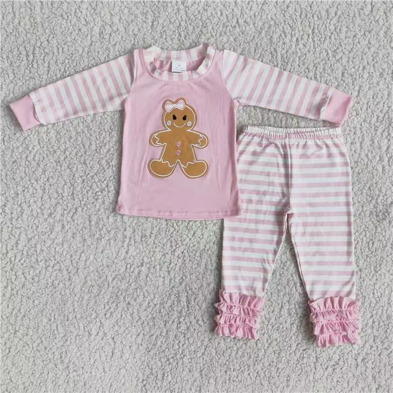 6 A7-26 Cartoon girl christmas gingerbread embroidery pink white stripe long sleeve pajamas girl outfit 20230708