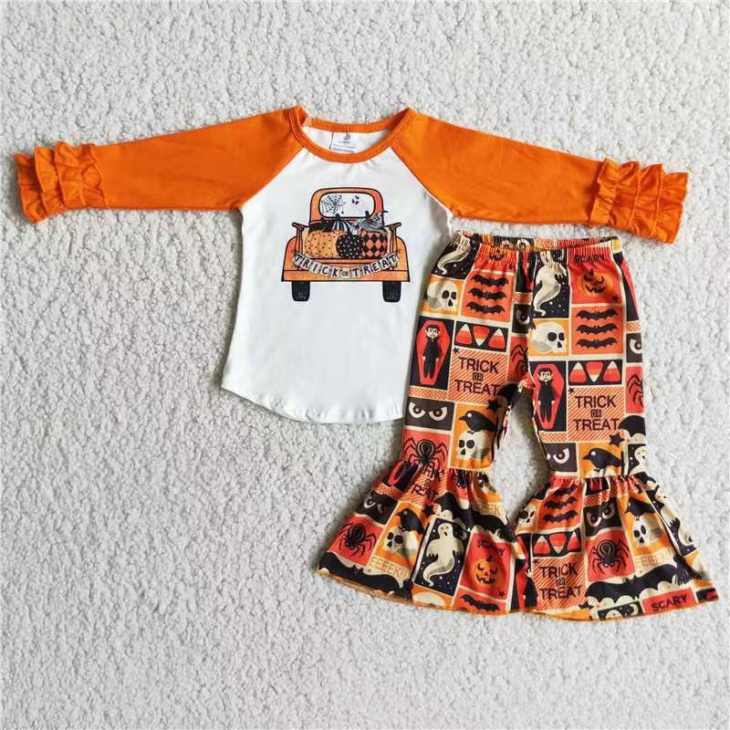 Promotion RTS 6A7-30 halloweeen pumpkin orange ruffles car long sleeve bell bottom outfit 20230516