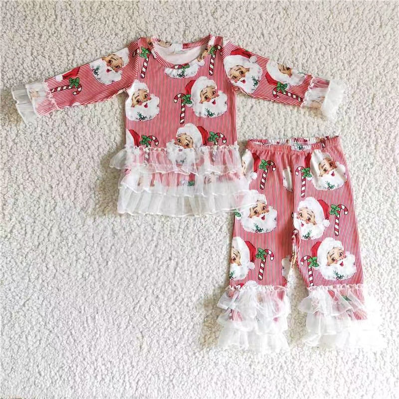 promotion 6 B12-18 Christmas santa lace ruffle long sleeve pants girl outfit 20230630 RTS