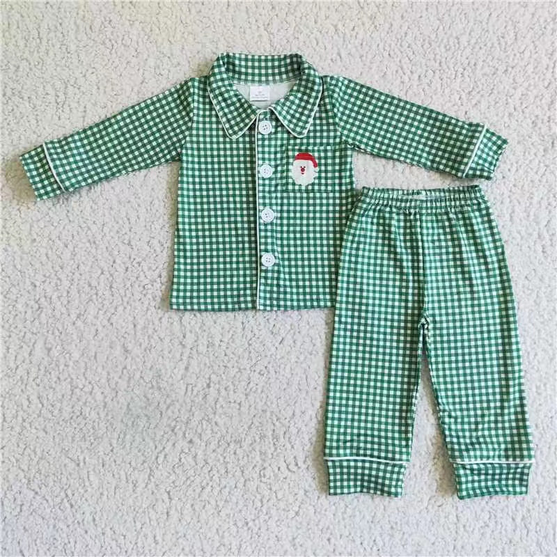 6 B3-39 Christmas boy santa button pocket green white plaid collar long sleeve pajamas outfits 20230621 RTS
