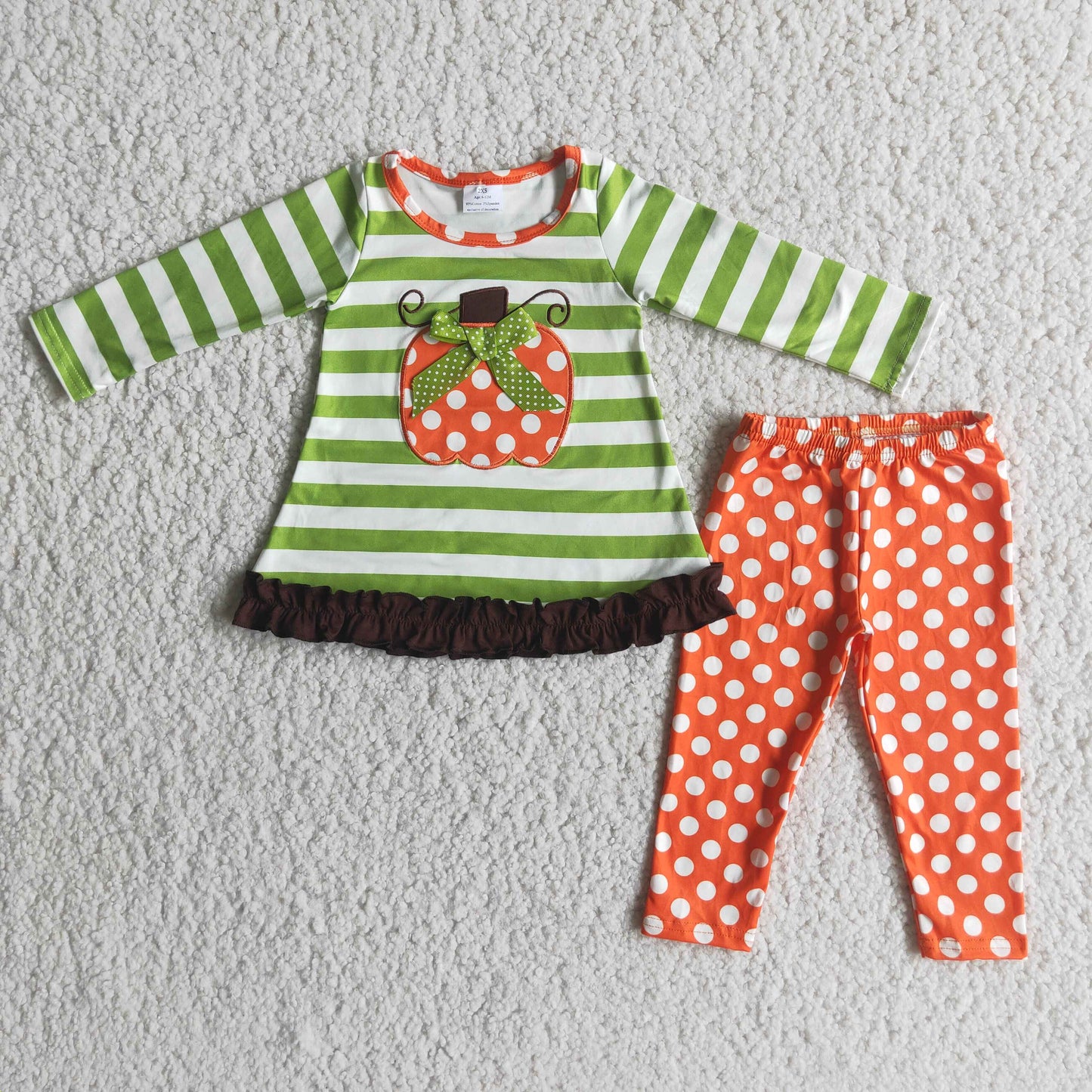 Promotion 6 B4-3 western embroidered halloween pumpkin green stripe orange dots long sleeve kids girl outfit 20231003 RTS