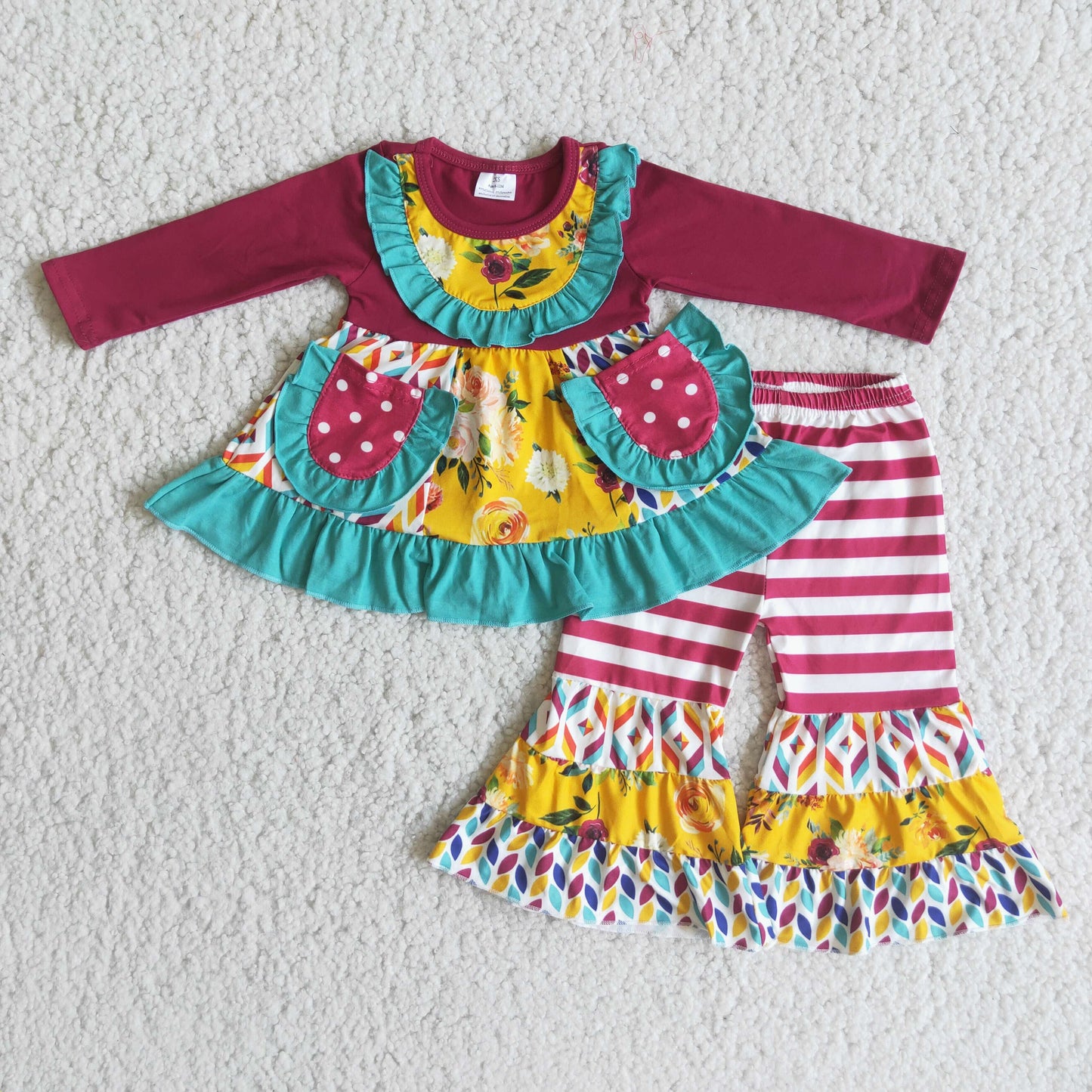 promotion 6 B7-36 Christmas red pocket stripe long sleeve bell bottom pants girl patchwork outfit 202312 RTS