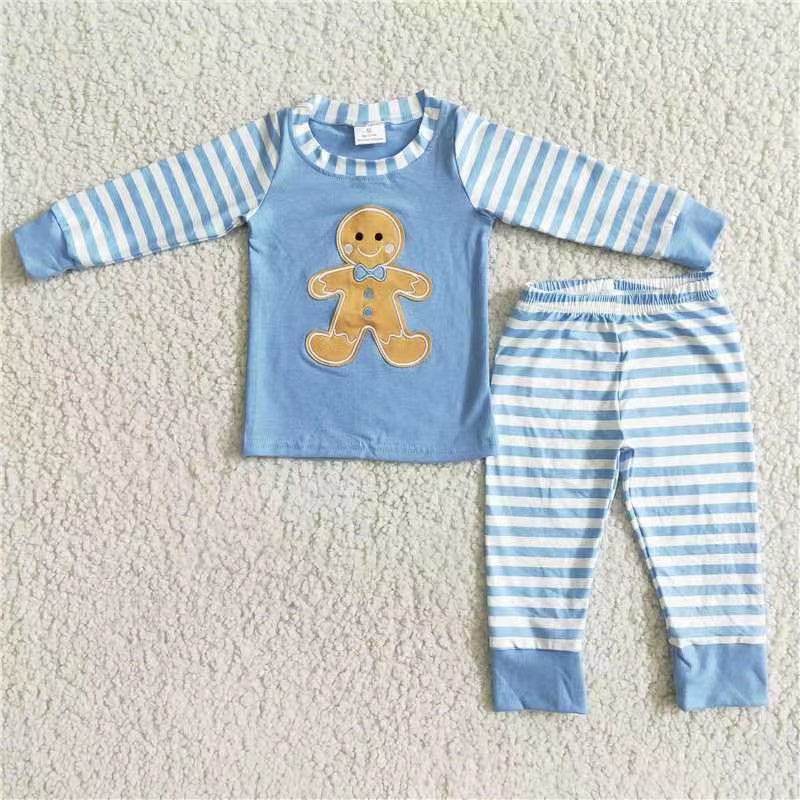 promotion 6 B8-23 Cartoon boy christmas gingerbread embroidery blue white boy stripe pajamas outfit 20230621 RTS