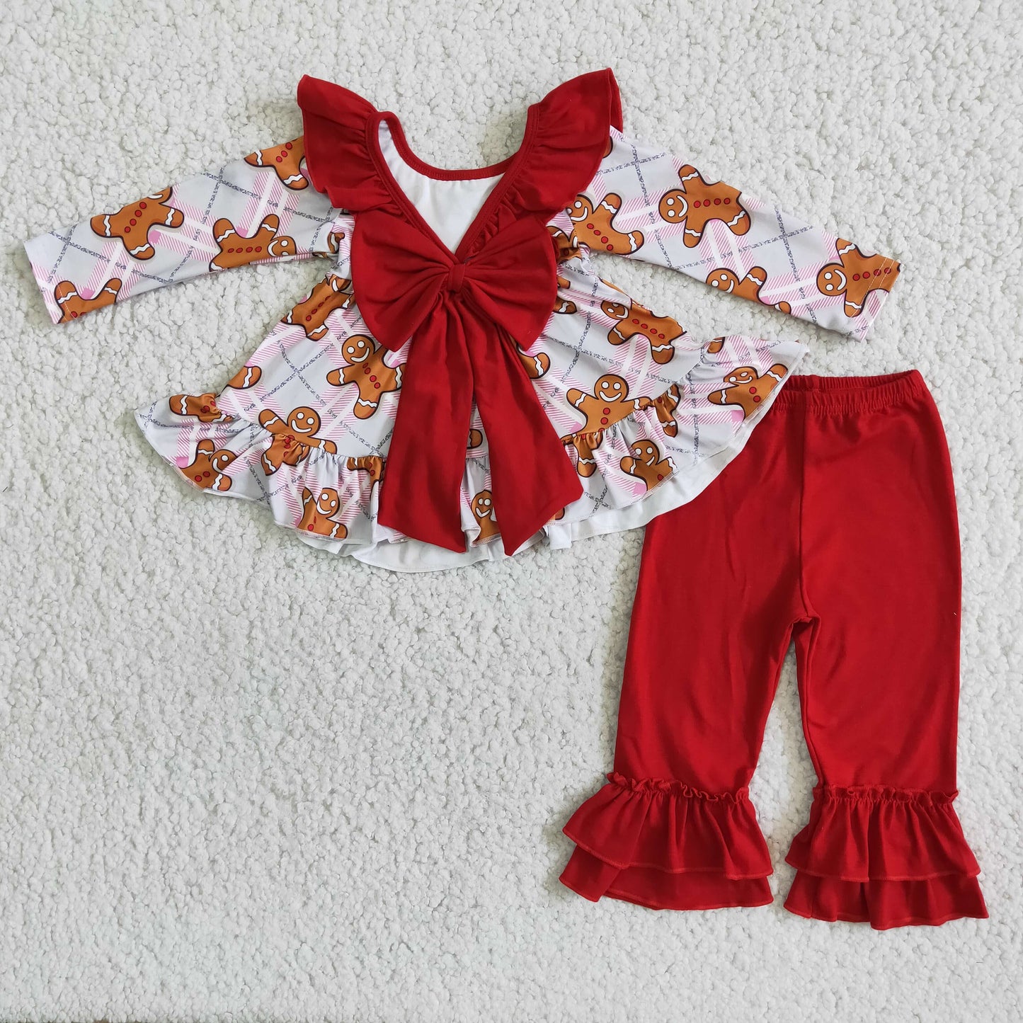 6 B8-5 promotion Christmas girl red cartoon gingerbread lace big bow long sleeve pant outfit