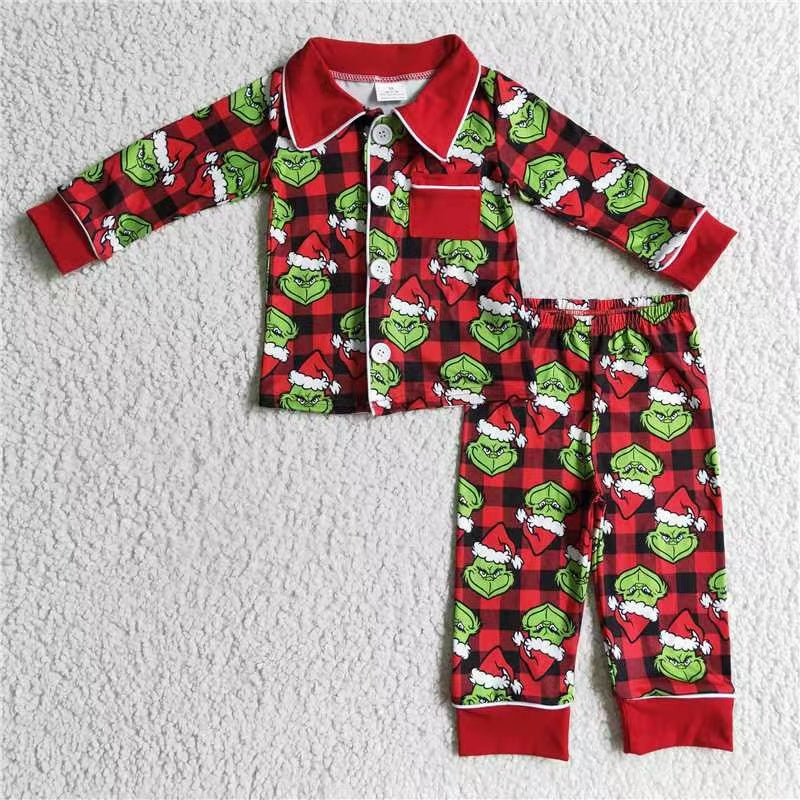 6 B1-25 Christmas boy green grin cartoon button red collar lace long sleeve pajamas boy outfit 20230630 RTS