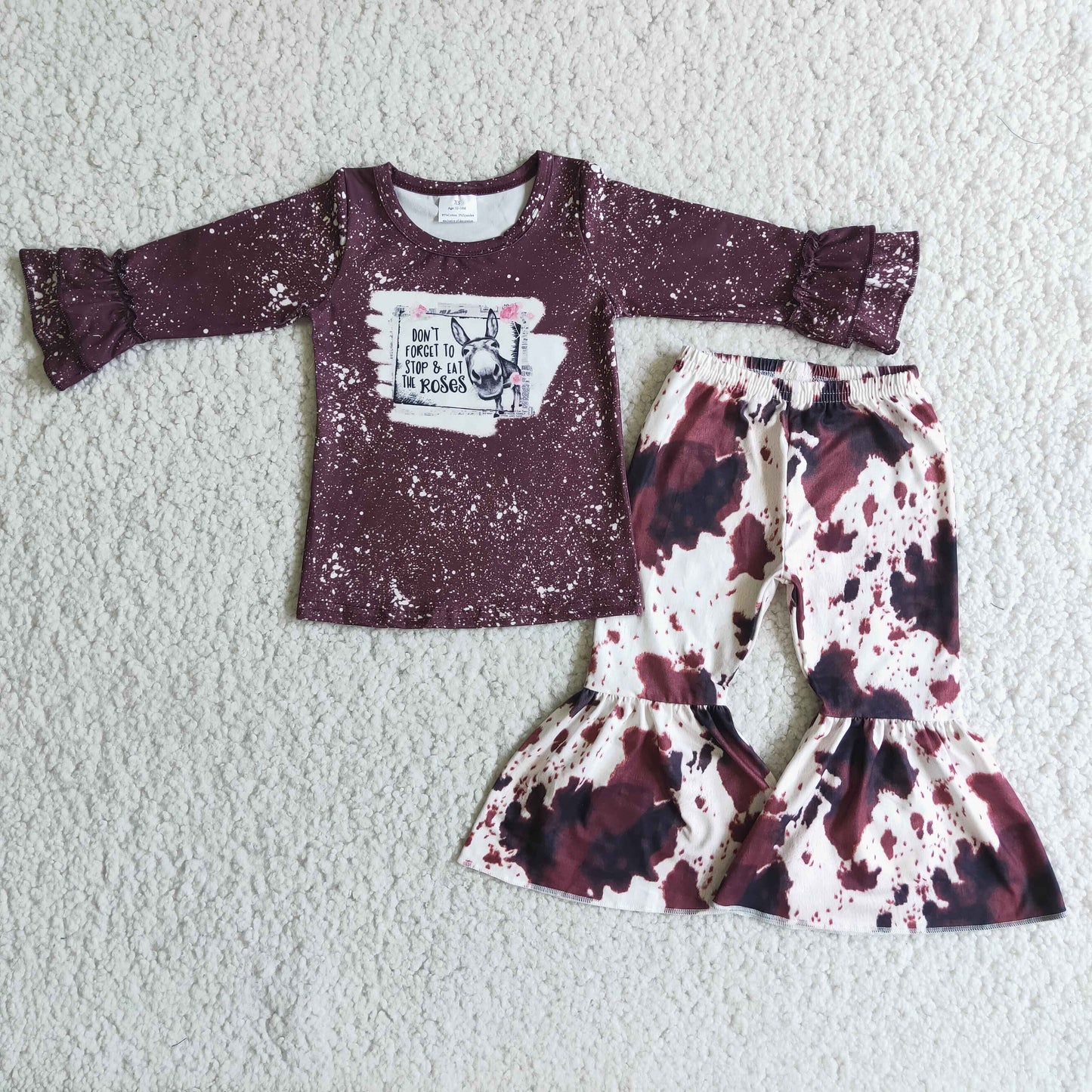 promotion RTS 6 C10-17 RTS Brown cow flower long sleeve bell bottom pant girl outfit 202501