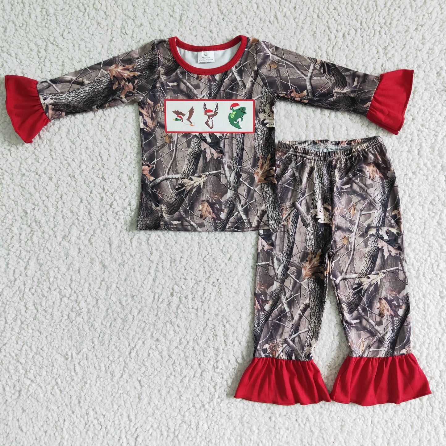 promotion 6 C9-4 Christmas embroidery duck girls tree branch camo bird deer fish lace long sleeve pajamas girl outfit 20230612 RTS