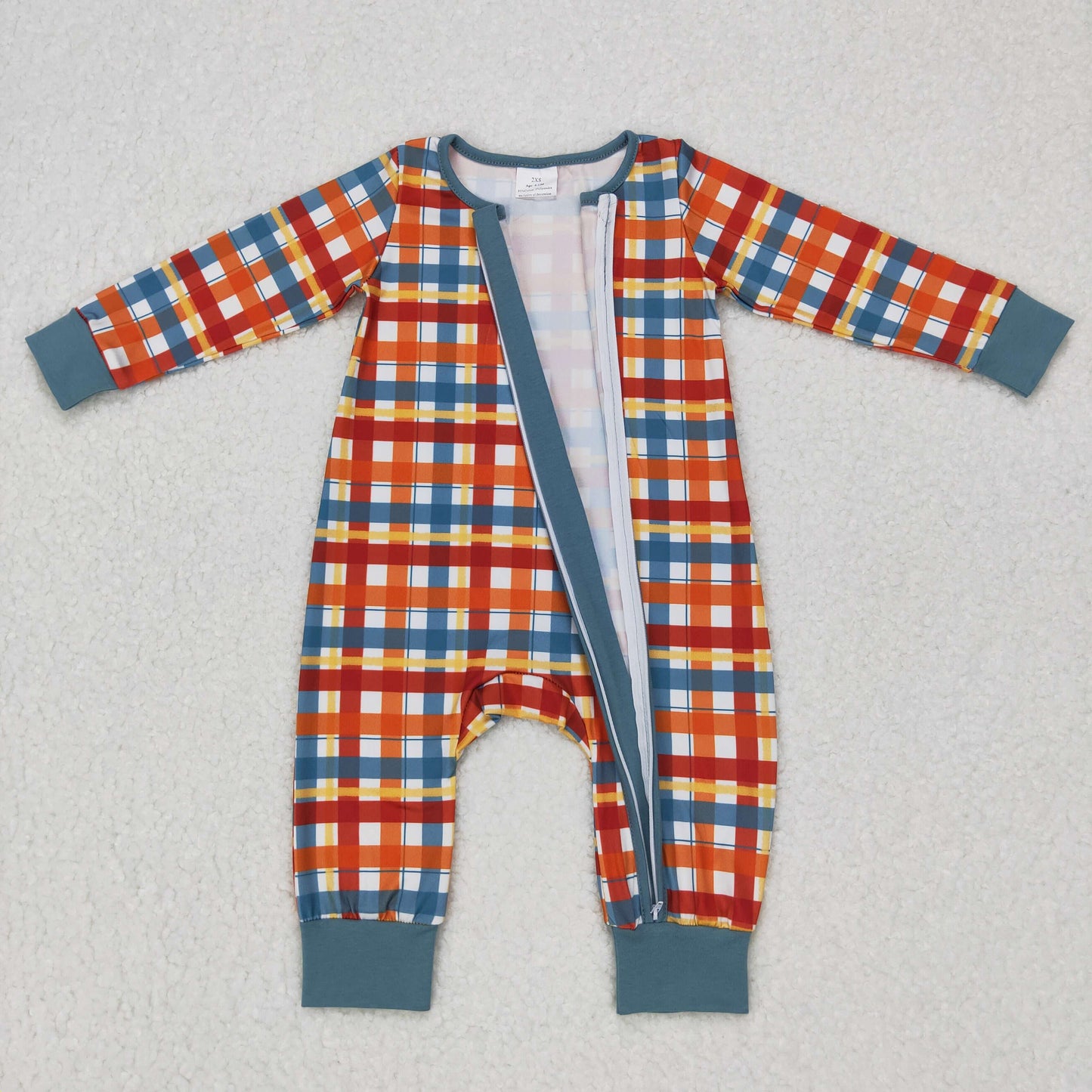 LR0622 RTS western plaid long sleeve blue zip boy romper 20231010